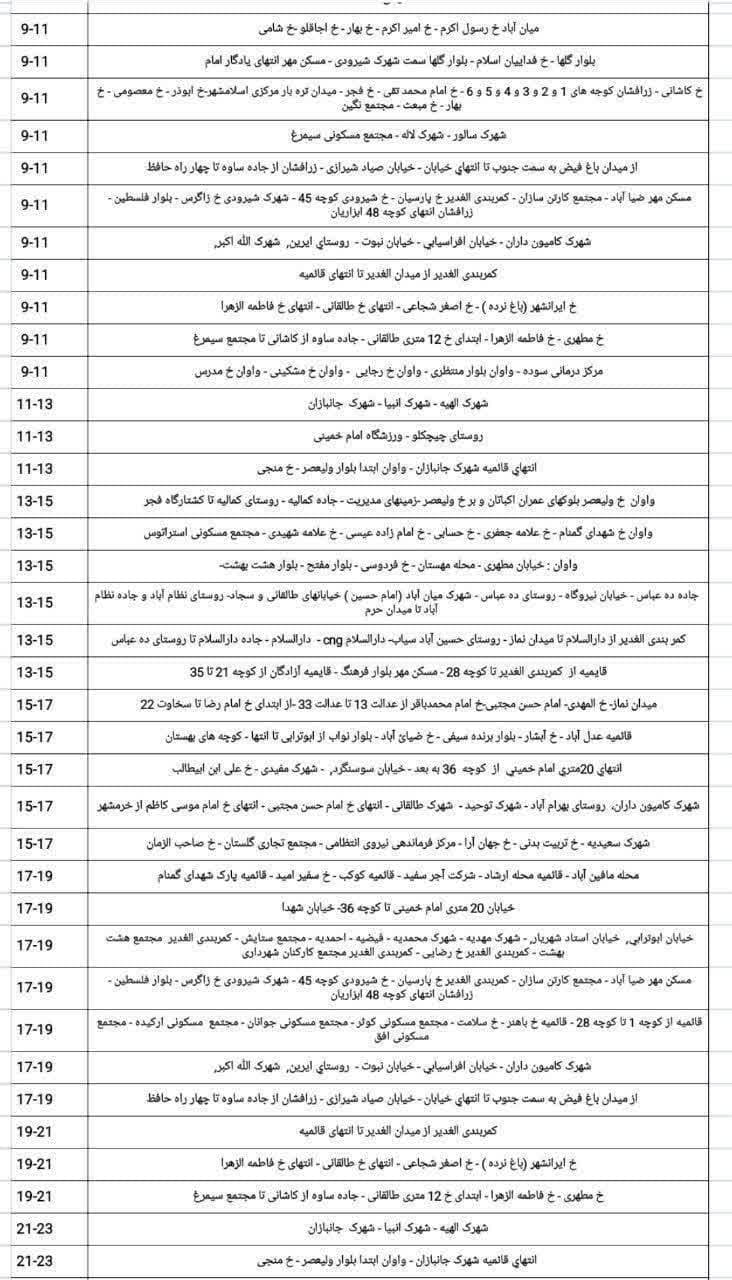 برنامه خاموشی های یکشنبه پنجم مردادمناطق اسلامشهر، واوان و احمدآباد مستوفی
