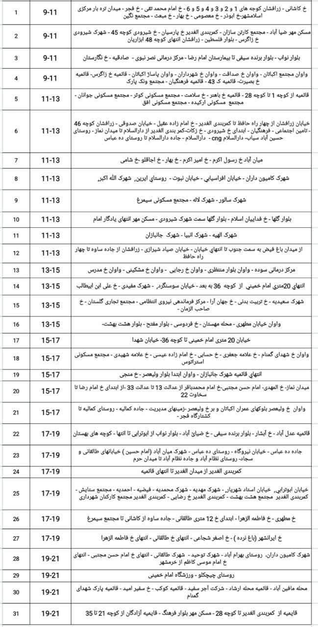 جدول قطعی برق در اسلامشهر برای تاریخ ۲۵ مرداد