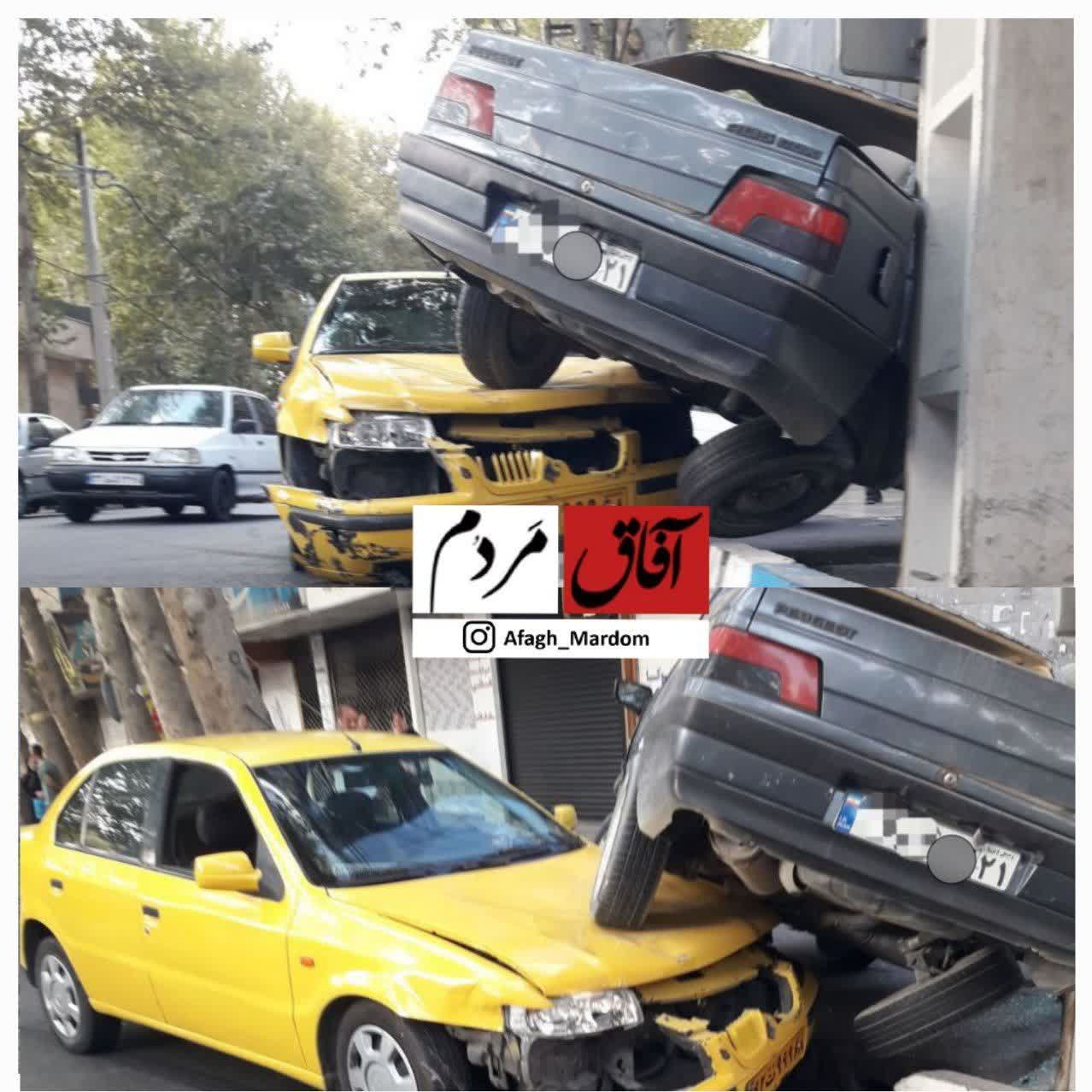 پژو مثل موشک روی تاکسی فرود آمد! / راننده: فکرم مشغول بود...